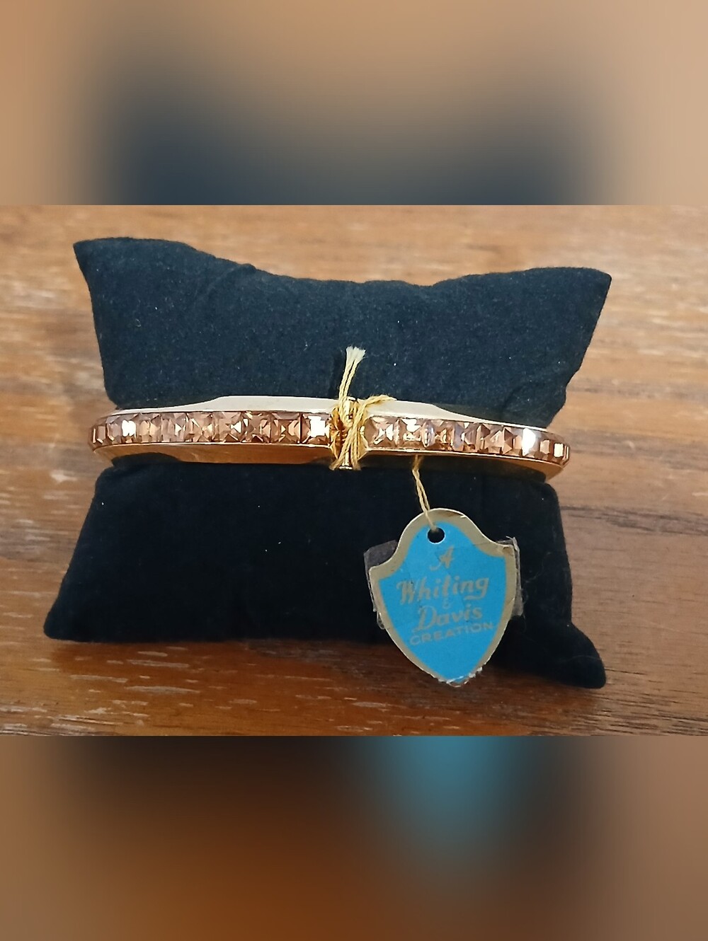 VTG Whiting & Davis Gold Tone Hinged Bangle Bracelet With Amber Colored Crystals